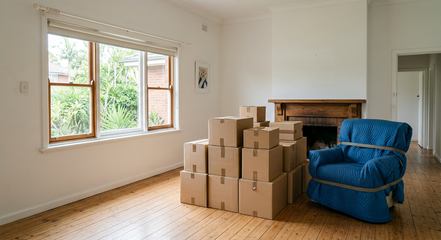 Cardboard moving boxes and a blanket-wrapped armchair ready to move in a bright living room