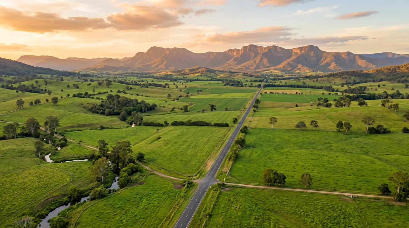 Aerial view of green paddocks and a long straight road below a mountain range in rural Queensland