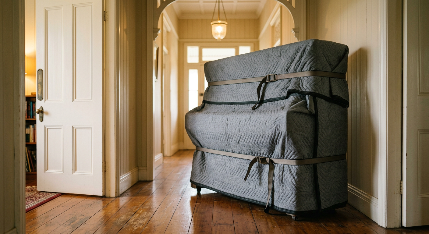 An upright piano wrapped in grey moving blankets and straps inside a timber hallway